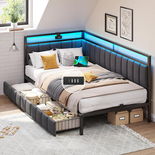 DICTAC Cama Tapizada Sofá Cama 90 x 190 cm con iluminación LED y Toma USB,Camas Juvenil con 2 cajones de Almacenamiento, Estructura de Cama de 90x190 con somier de láminas de Metal, Gris Oscuro