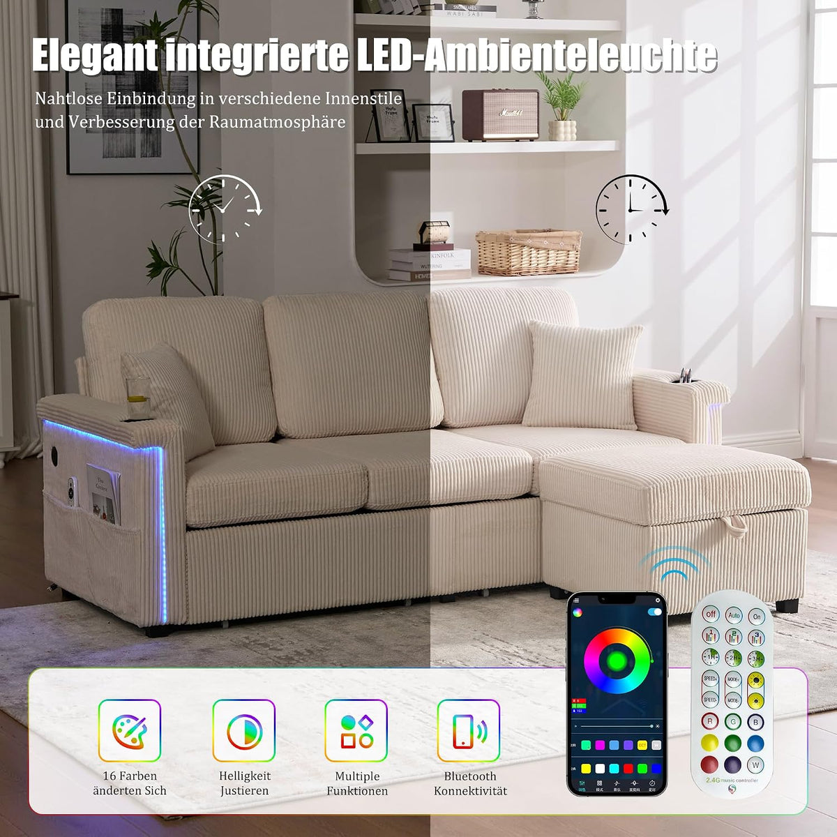 Dolamaní Sofá de terciopelo de 3 plazas con 2 cajones, soporte para bebidas, bolsillos laterales y reposapiés para sala de estar, dormitorio y oficina (beige)