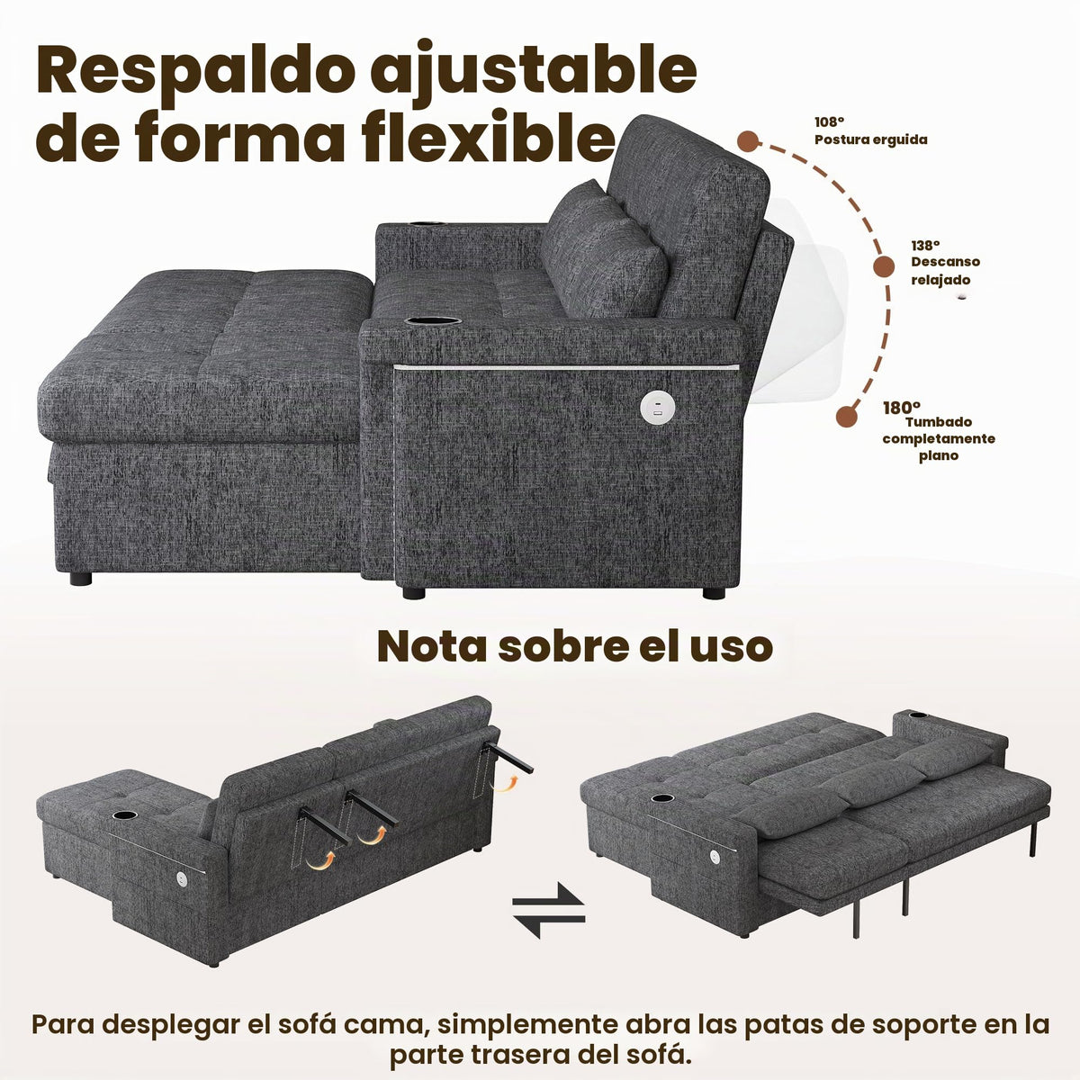 Bladez Sofá cama extensible en forma de L de lino con espacio de almacenamiento, soporte para bebidas, sofá modular de 3 plazas para salón (gris)