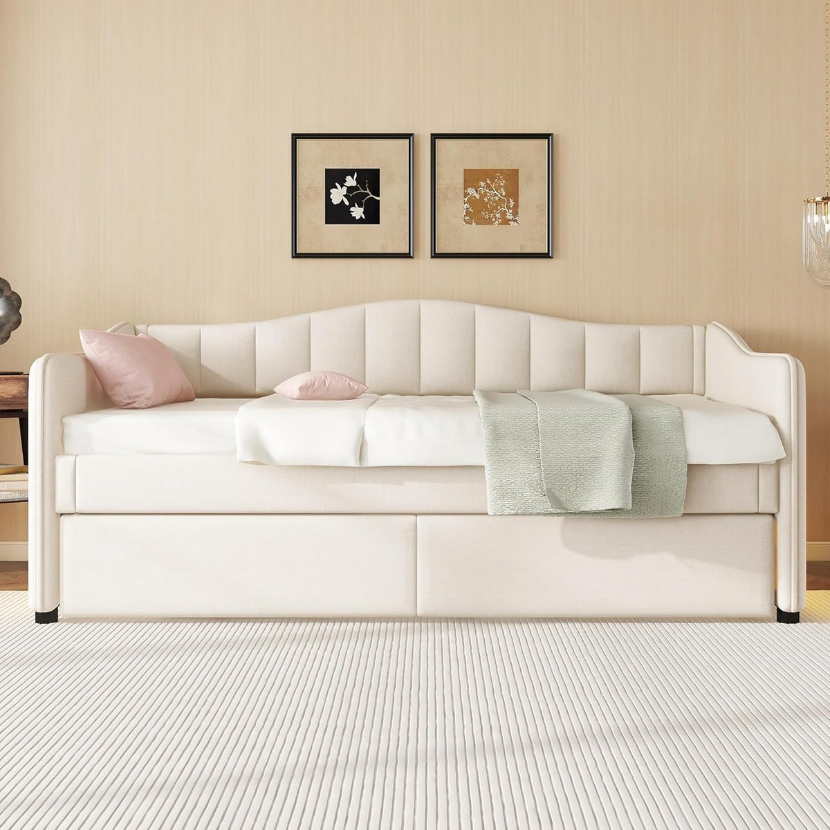 Cama de día, 90 x 200 cm, con cama extraíble, sofá cama, cama individual (sin colchón), diseño de luz ambiental, lino, estilo minimalista (beige)