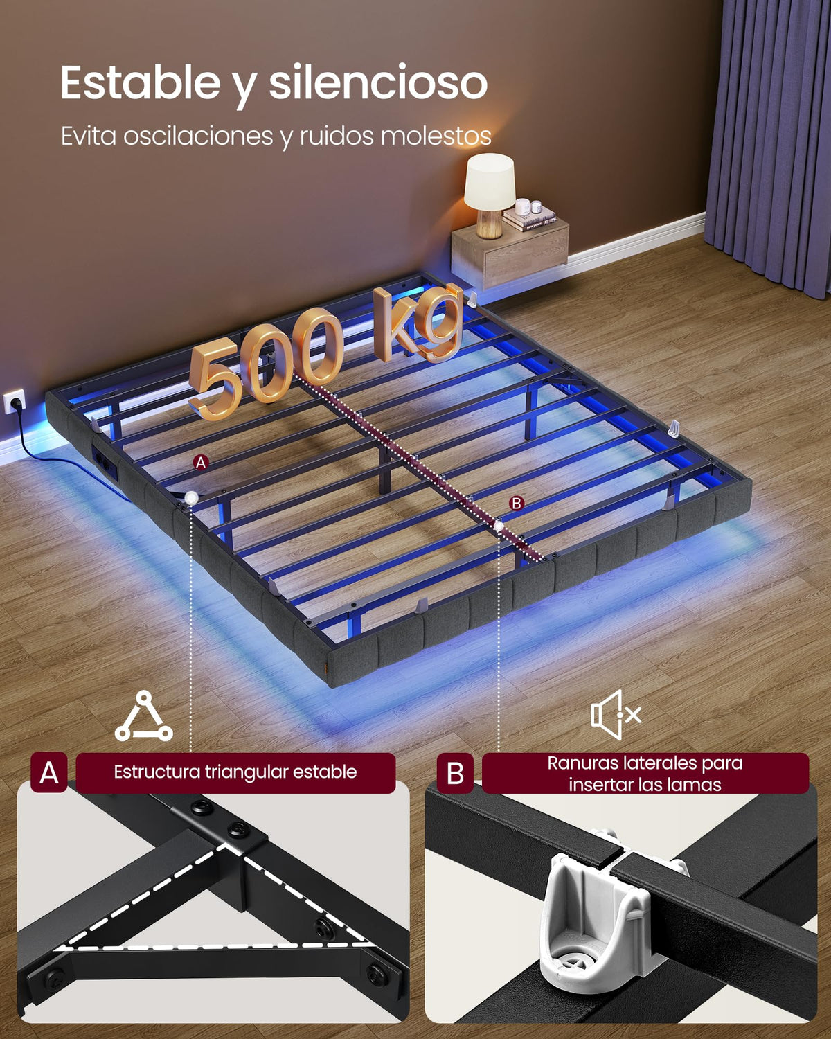 VASAGLE Marco de Cama Flotante, 140 x 200 cm, LED, 2 Tomas y 3 USB