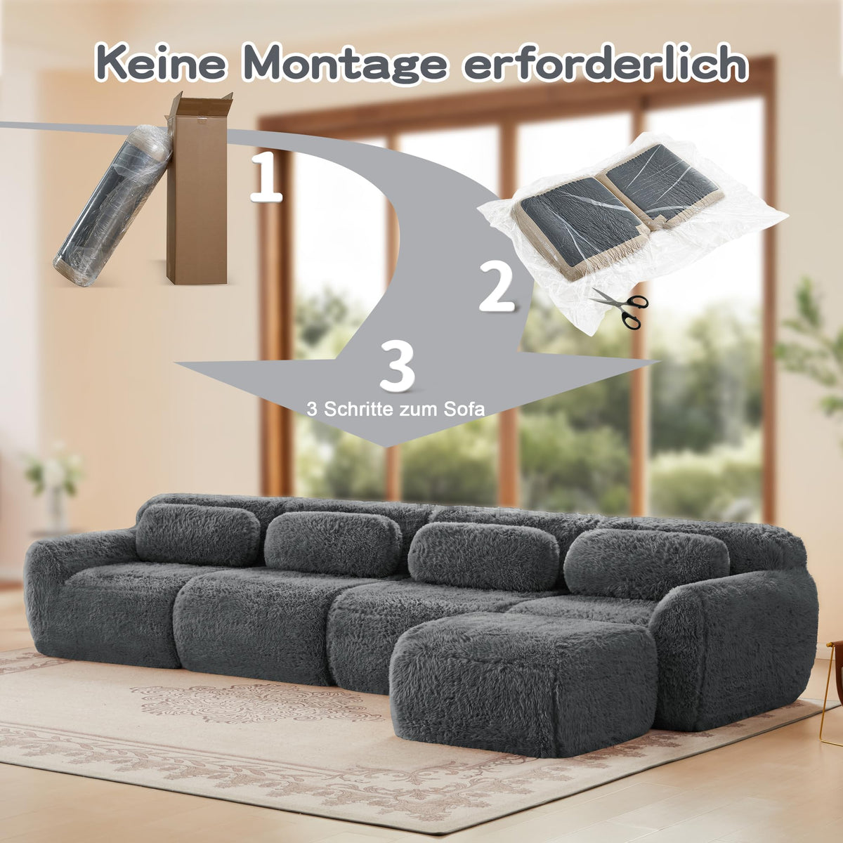 Sofá modular combinable en forma de L de 4 plazas, tejido de felpa con cojines, espuma de alta elasticidad, diseño chaise longue para salón o dormitorio (negro)