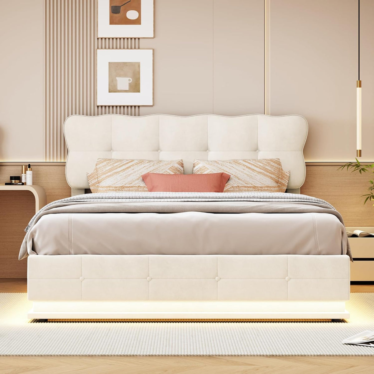 BRILVERDE Cama Tapizada 140x200 con Almacenamiento hidráulico, Cama matrimonial con Toma USB y luz LED, Cabecero Acolchado y Base de Láminas, Terciopelo (Beige, 140 x 200 cm)