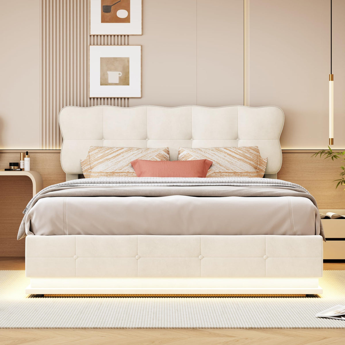 BRILVERDE Cama Tapizada 140x200 con Almacenamiento hidráulico, Cama matrimonial con Toma USB y luz LED, Cabecero Acolchado y Base de Láminas, Terciopelo (Beige, 140 x 200 cm)