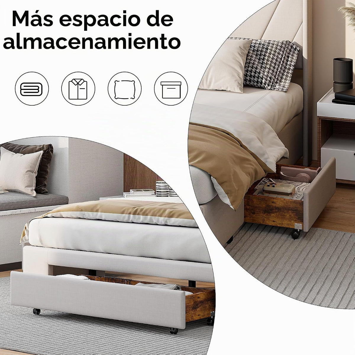 BRILVERDE Cama de matrimonio 160x200 cm, cama tapizada con 3 cajones, cama con cabecera y somier de láminas, sin colchón, lino (Beige(59), 160x200 cm)