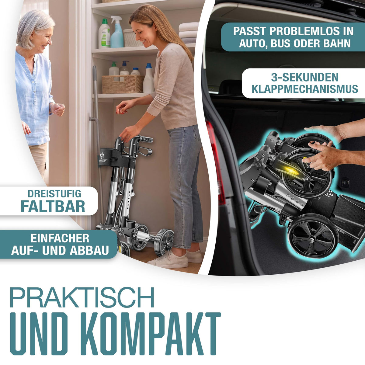 KESSER® Andador plegable con asiento y respaldo, 4 Ruedas/Frenos/Saco de Compra y Porta Bastón, Altura Ajustable 82-94cm, Andador, Carro, Rollator para Ancianos Gris