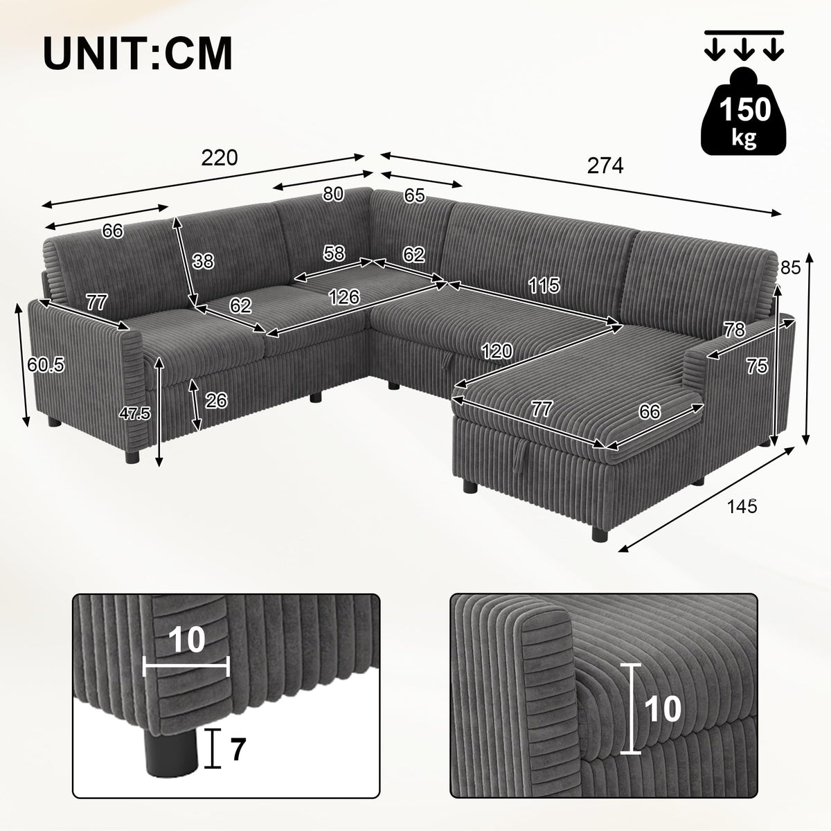 LAKFEW Sofa Cama con Cama Extensible y Taburete Almacenaje, Sofa Rinconera con USB, Lámpara de Lectura, Mesa Plegable con 2 Posavasos, 205x205x85 cm, Gris