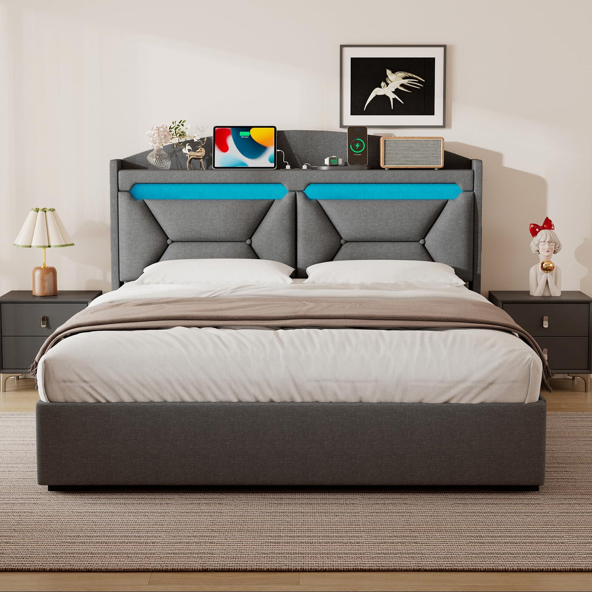 Cama 90x200 cm con Almacenamiento, Cama Individual con LED, Puertos USB y Type-C, Somier 90x200 Hidráulico, Camas Juveniles Camas Infantiles con Cabecero, Lino, Beige, Colchón No Incluido