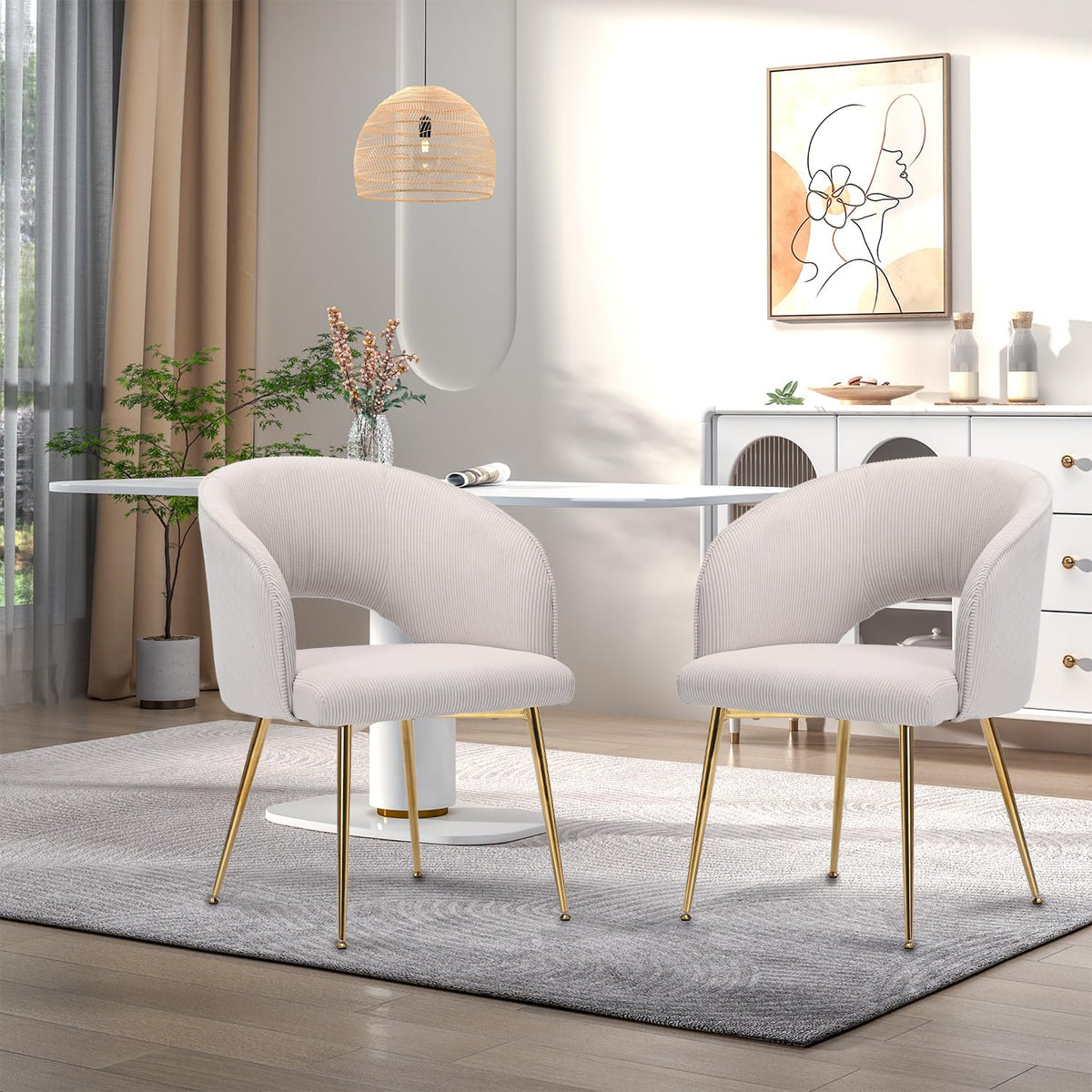 Juego de 6 sillas de comedor de terciopelo, sillas tapizadas con reposabrazos, patas doradas, sillas de cocina, para salón, dormitorio, oficina (6, blanco crema)