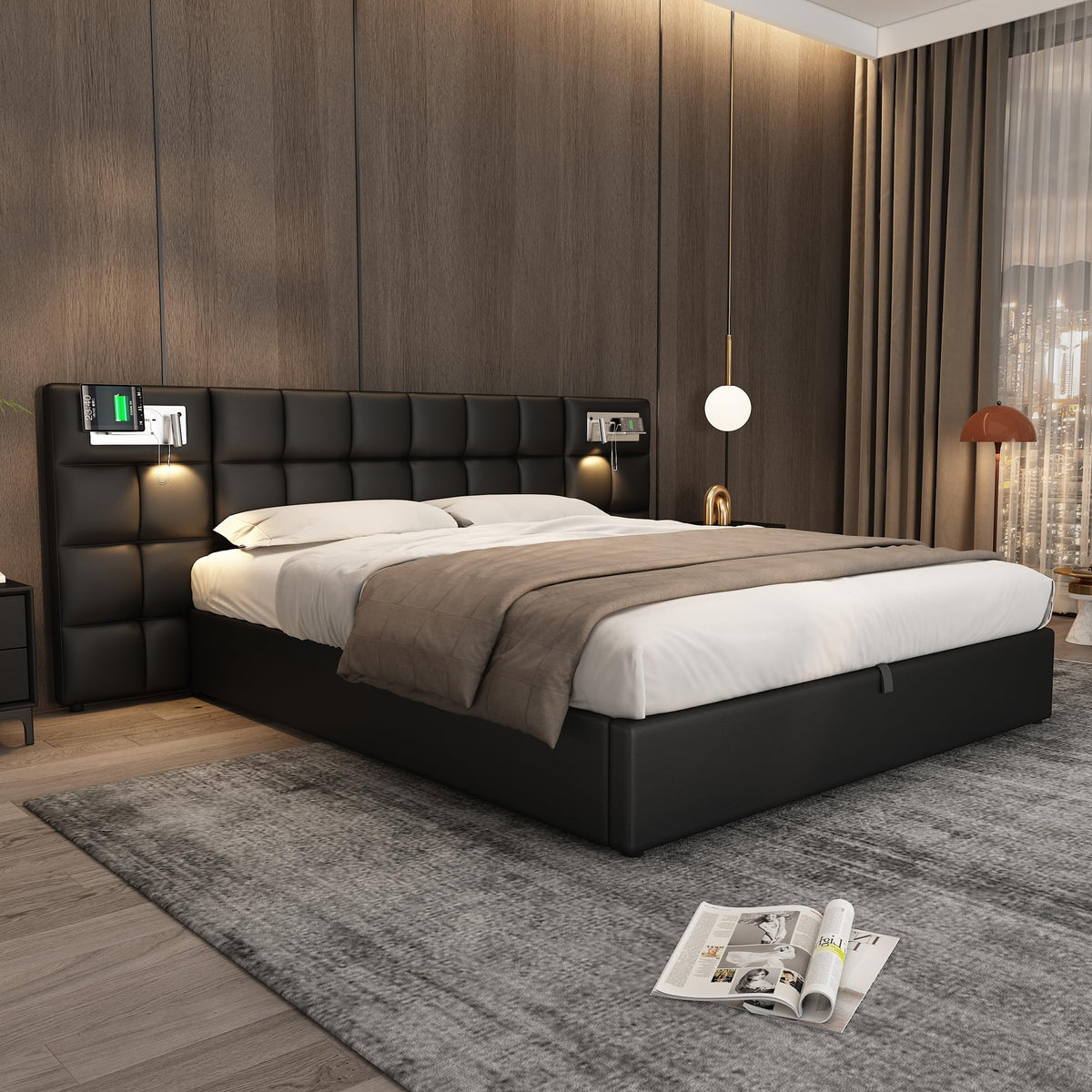 Cama 180x200 cm Camas Matrimoniales con LED y Lámpara de Noche, Cama Doble Tapizada con USB y Cabecero Ancho, Almacenaje Hidráulico, Soporte de Lamas de Madera, Terciopelo, Sin Colchón, Gris