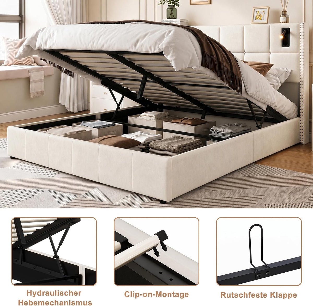 BRILVERDE Cama Tapizada 160x200 con Almacenamiento hidráulico, Cama matrimonial con lámpara de mesita, Cabecero Acolchado y Base de Láminas, Terciopelo (Beige, 160 x 200 cm)