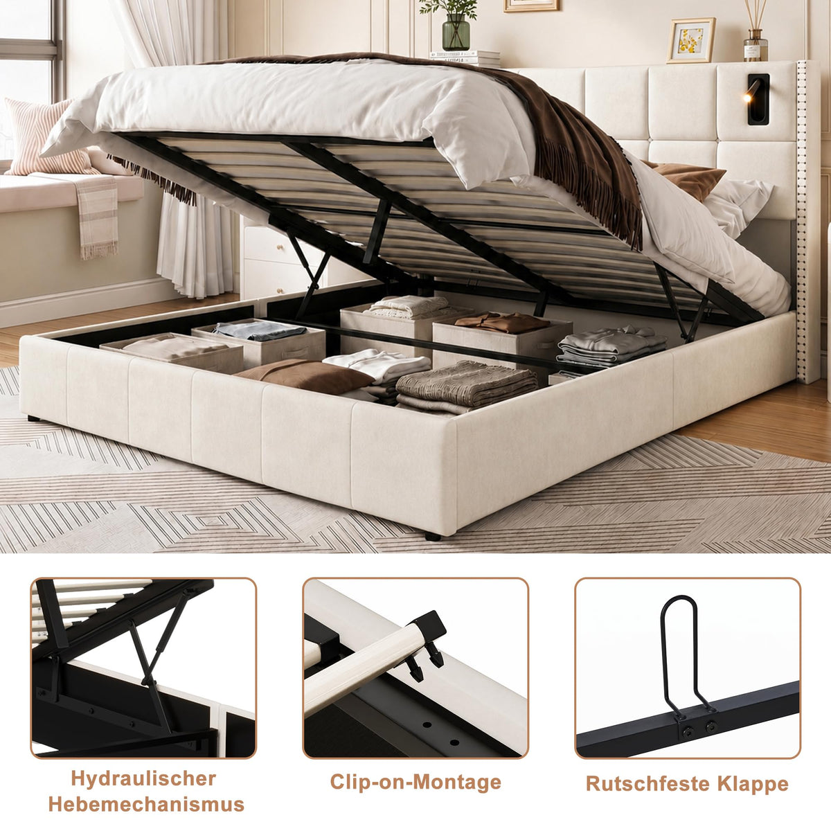 BRILVERDE Cama Tapizada 160x200 con Almacenamiento hidráulico, Cama matrimonial con lámpara de mesita, Cabecero Acolchado y Base de Láminas, Terciopelo (Beige, 160 x 200 cm)