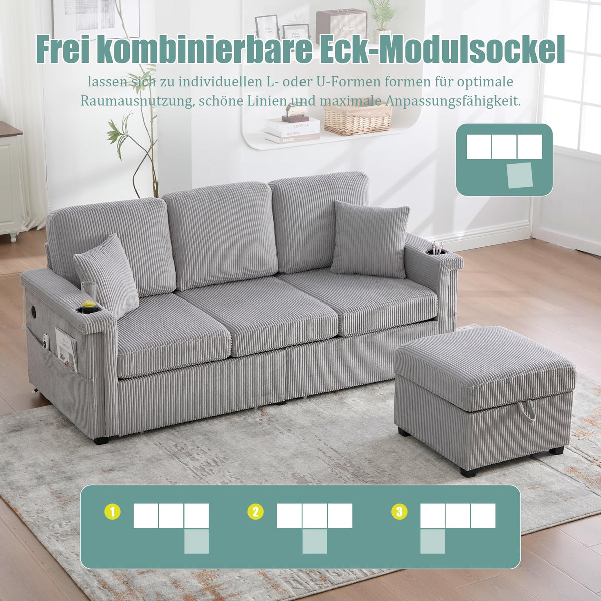 Dolamaní Sofá de terciopelo de 3 plazas con 2 cajones, soporte para bebidas, bolsillos laterales y reposapiés para sala de estar, dormitorio y oficina (beige)