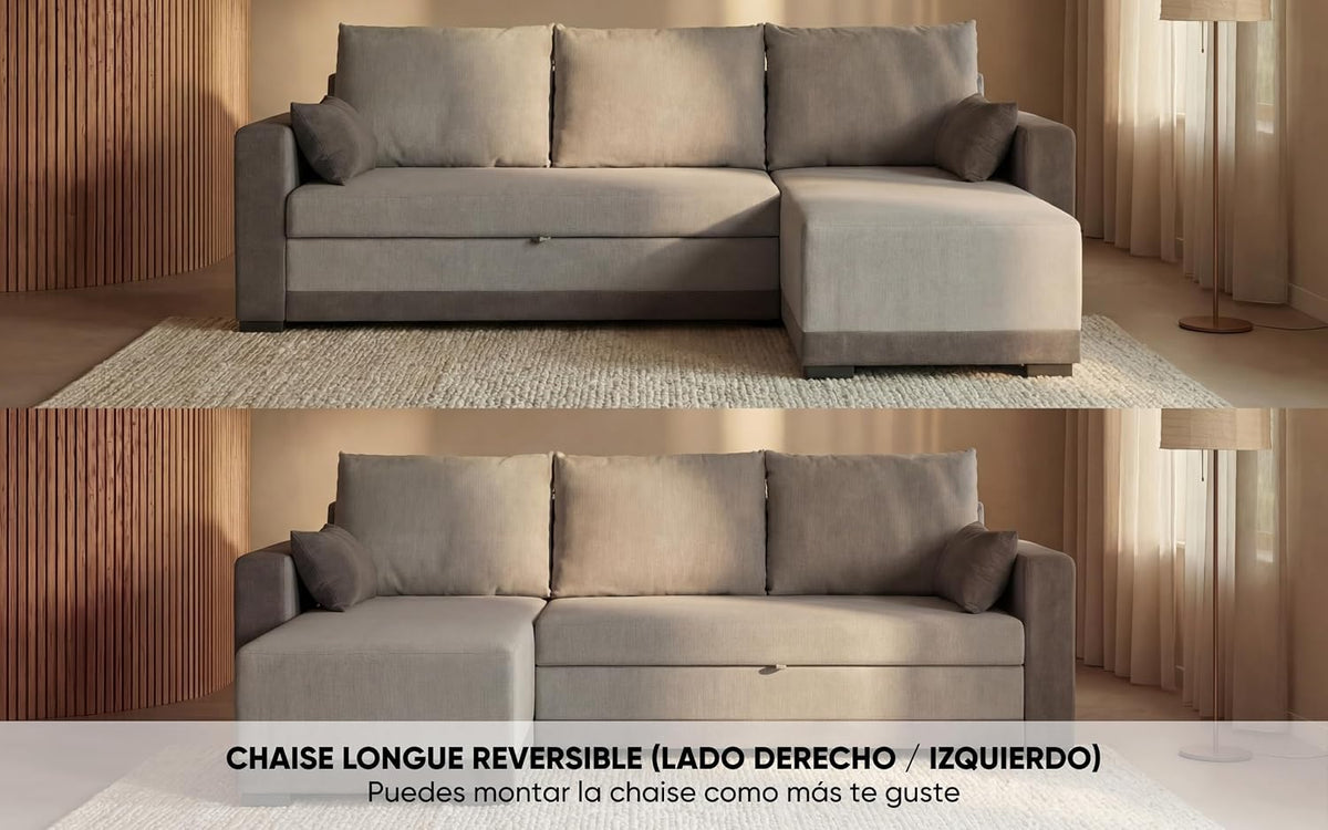 BUDWING Leah Sofá Cama Esquinero 3 Plazas - Chaise Longue Reversible y 2 Cojines Decorativos – Tapizado en Poliéster – Estilo Moderno – 233x124x69 cm – Gris Bicolor