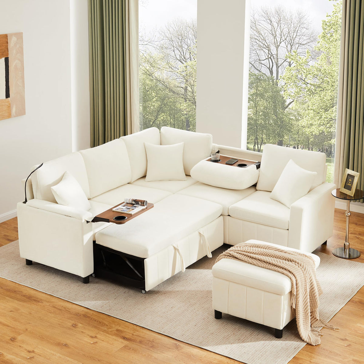 Sofá moderno de chenilla en forma de U con chaise longue, sofá esquinero de 4 plazas con espacio de almacenamiento, puerto USB y tipo C, modular, con soporte para bebidas y cojines suaves