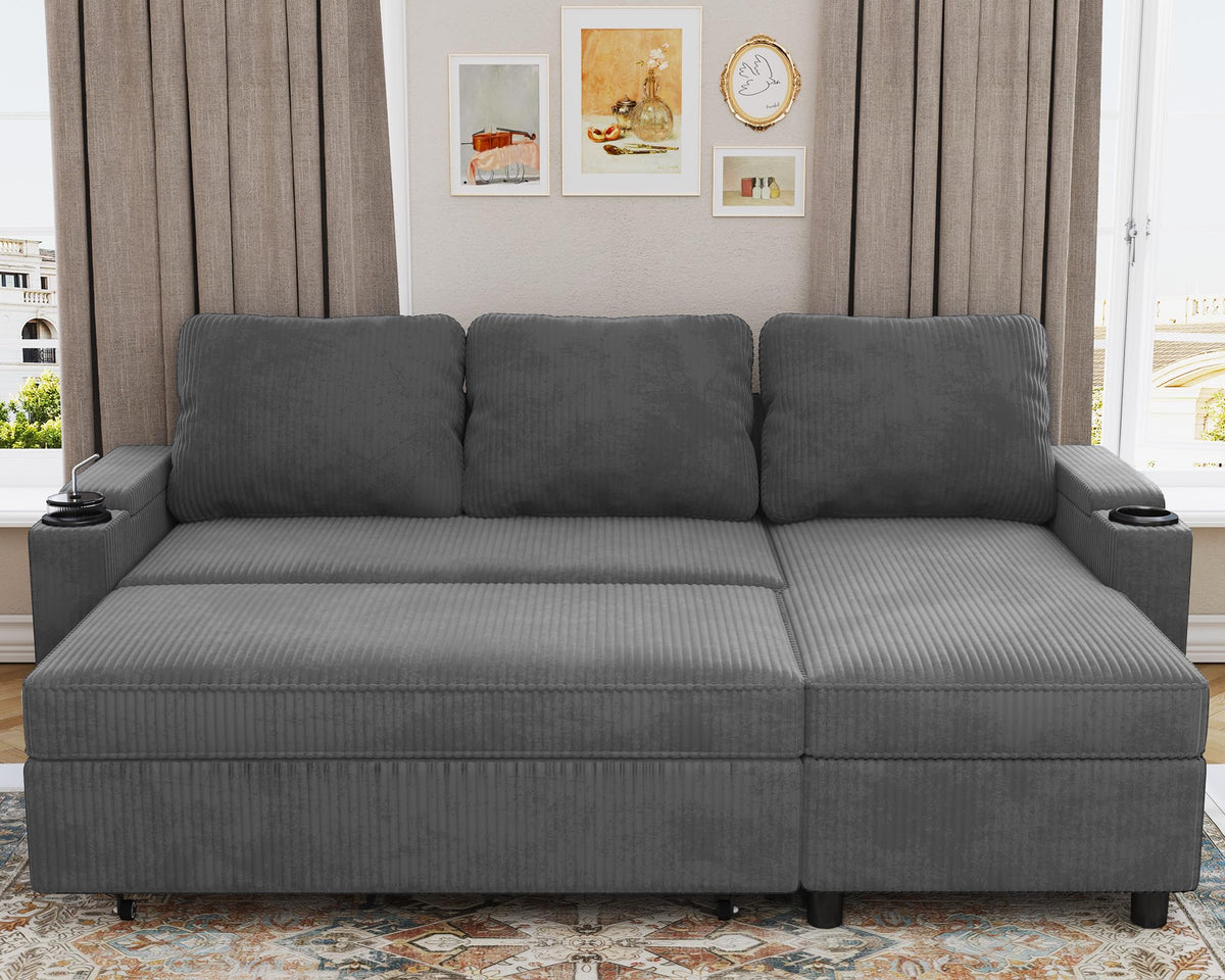 Devoko Sofá Cama L 3 plazas Azul Marino con almacén y portavasos, sofá Convertible Suave para salón y Piso, multifunción con Brazos amplios y Gran almacenaje