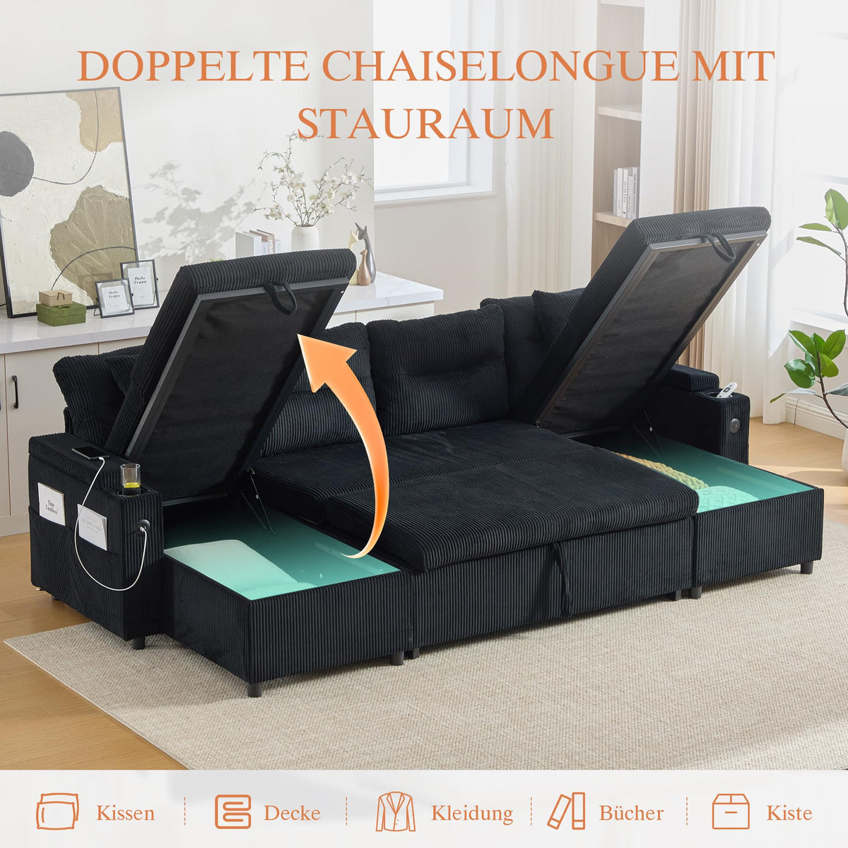 Dolamaní Sofá moderno de 4 plazas de tela de lino con espacio de almacenamiento y función de dormir, sofá cama con cajonera extensible en forma de L para casa y salón (beige B)