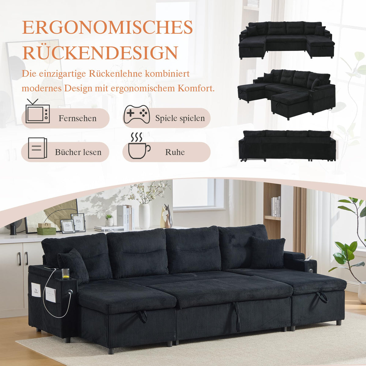 Dolamaní Sofá moderno de 4 plazas de tela de lino con espacio de almacenamiento y función de dormir, sofá cama con cajonera extensible en forma de L para casa y salón (beige B)
