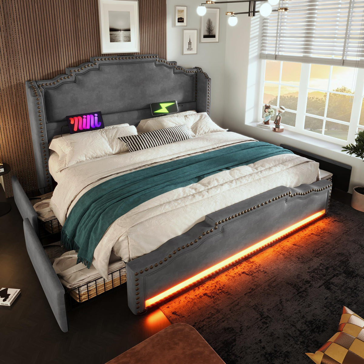 Cama tapizada de 160 x 200 cm, cama doble con 4 cajones, iluminación LED y puerto de carga USB-C, cama de almacenamiento y cama juvenil con somier, terciopelo, beige, sin colchón