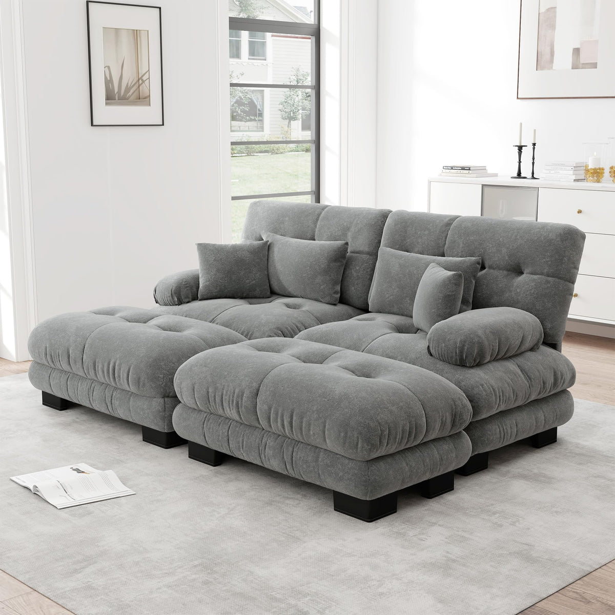 Sofá esquinero de chenilla nublado para salón, sofá doble con reposabrazos anchos, 2 cojines lumbares, 2 cojines decorativos y 2 otomanas, 220 x 140 x 81 cm (rosa)
