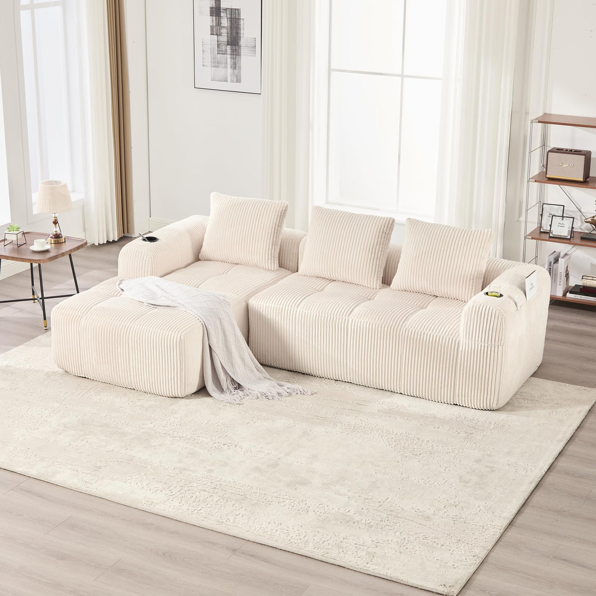 Dolamaní Sofá compacto de 3 plazas de pana con 3 cojines, sofá esquinero en forma de L con función de dormir, suave y modular, asiento extraprofundo, sin montaje, para salón (gris oscuro)