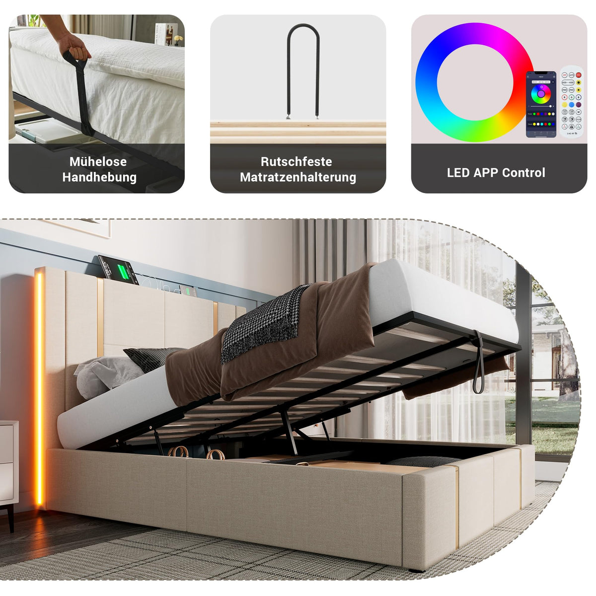 Cama tapizada doble USB tipo C función de carga APP Control LED 180 × 200 cm espacio espacio cama somier de láminas de madera, material de lino beige (sin colchón)