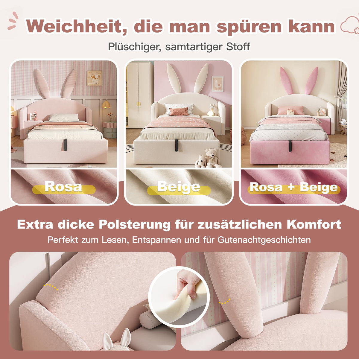 Kebnor Cama tapizada de terciopelo, orejas de conejo, cabecero con espacio de almacenamiento y mesita de noche, cama juvenil de diseño (sin colchón) (beis, 90 x 190 cm)