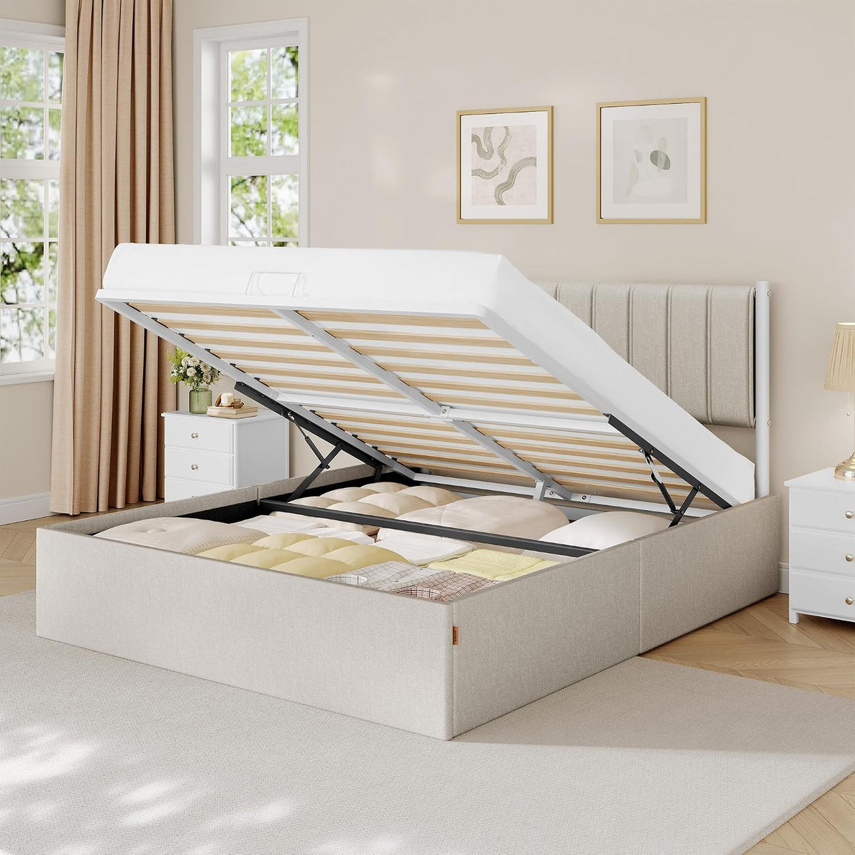 VASAGLE Estructura de Cama, 160 x 200 cm, Cama Elevable, 2 Personas, con Almacenaje, Cabecero, Sistema Hidráulico, Moderno y Minimalista, Fácil Montaje, Beige Capuchino RMB615LH01