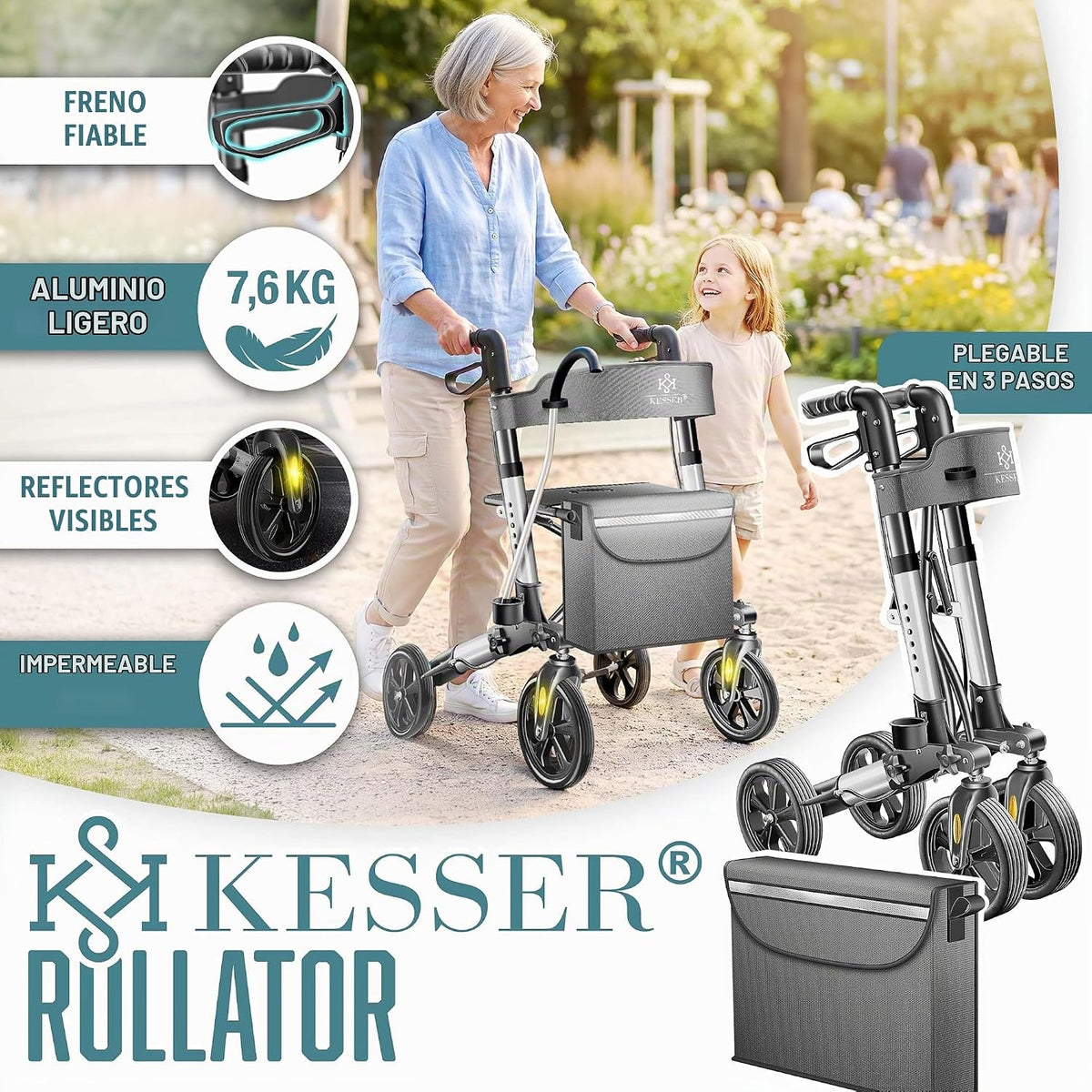 KESSER® Andador plegable con asiento y respaldo, 4 Ruedas/Frenos/Saco de Compra y Porta Bastón, Altura Ajustable 82-94cm, Andador, Carro, Rollator para Ancianos Gris