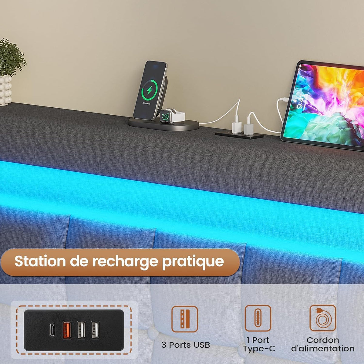 AOGLLATI Camas Matrimoniales 140x190 cm con Almacenamiento Hidráulico, Cama Canapé con Cabecero Ajustable, Estructura de Cama con Luces LED y Estación de Carga (USB y Tipo-C), Gris Oscuro