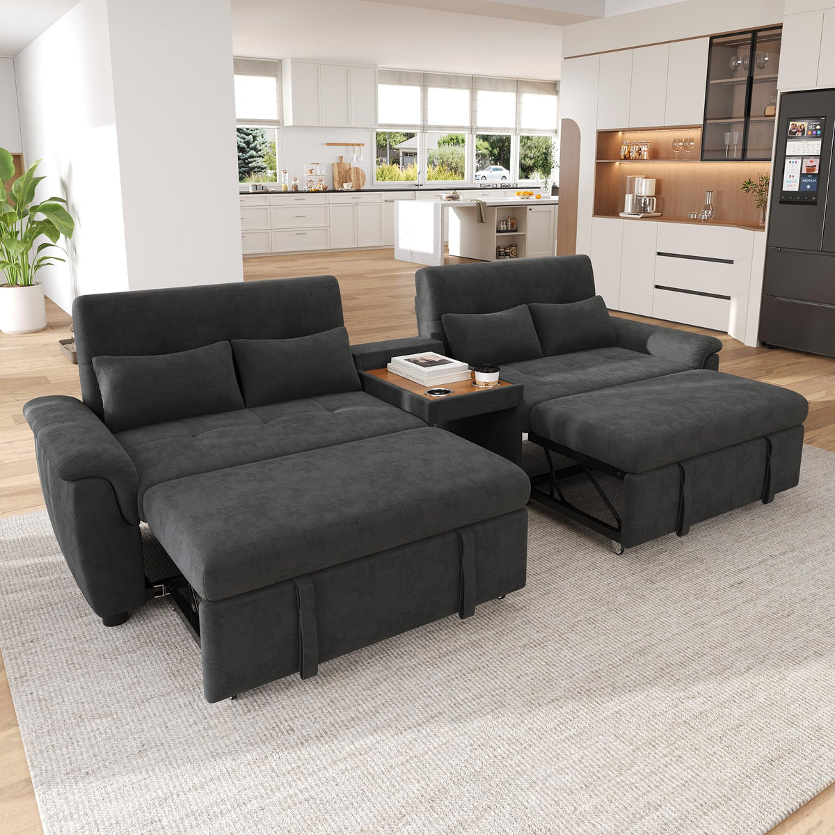 LAKFEW Sofa Cama con Cama Extensible y Taburete Almacenaje, Sofa Rinconera con USB, Lámpara de Lectura, Mesa Plegable con 2 Posavasos, 205x205x85 cm, Gris