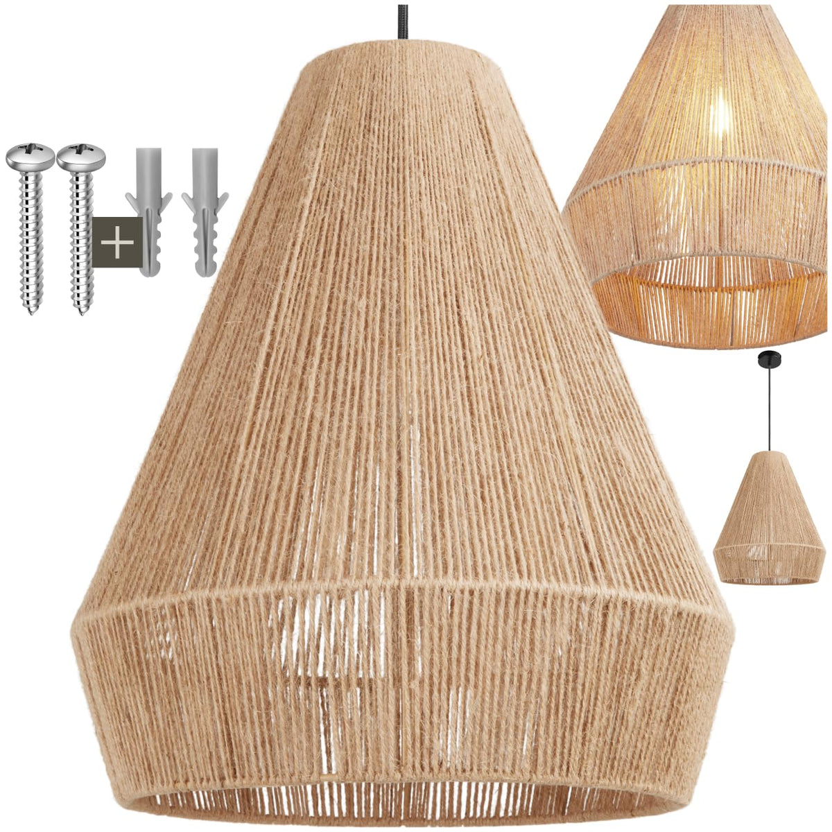 tectake® Lampara Techo Dormitorio Boho Artesanal en Yute Sostenible con Estructura de Acero, Lámpara de Techo Colgante Salón 40 W, Lampara Salon, Plafon - 45 x 45 x 27,5 cm