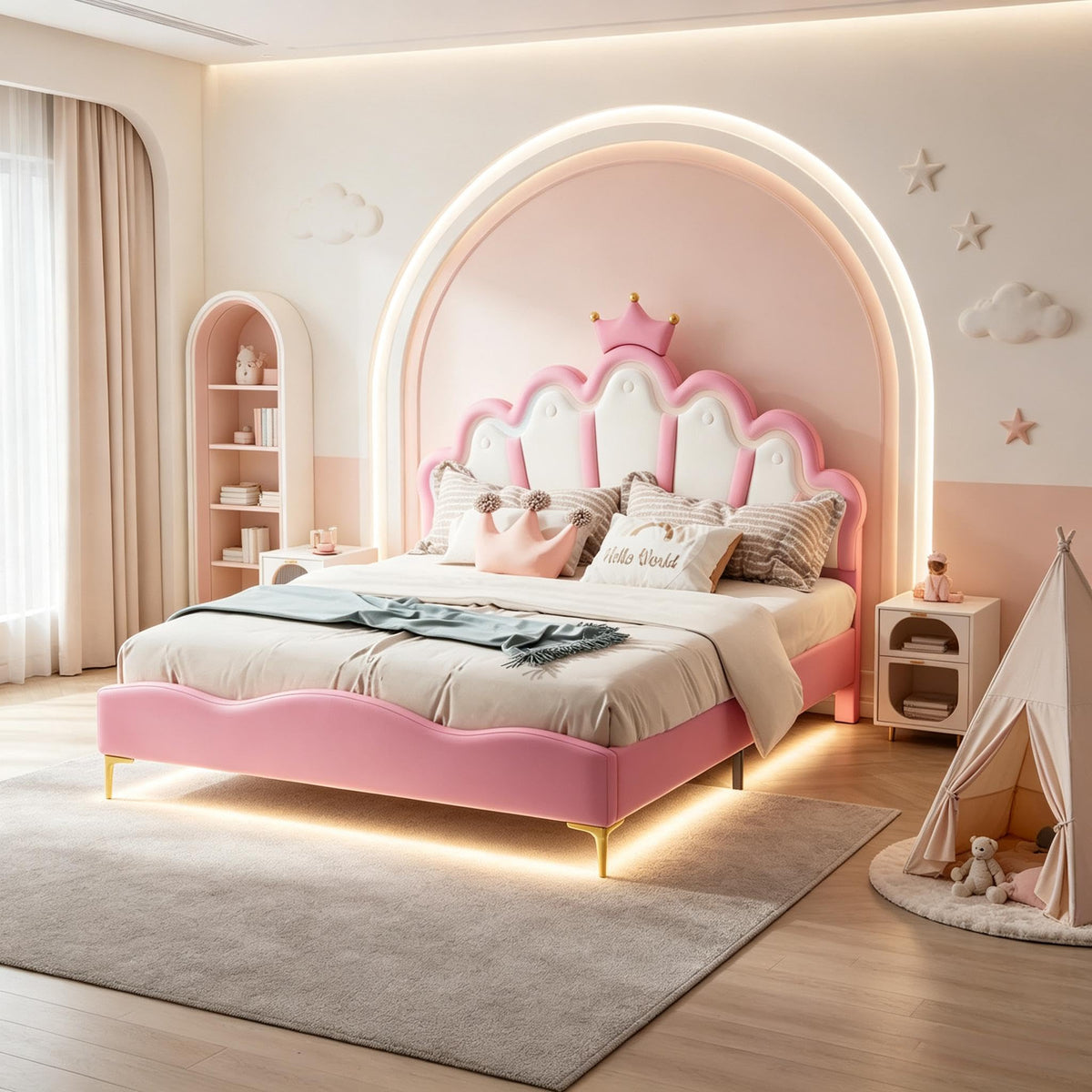 Cama Infantil tapizada 140 x 200 cm con LED, Cama tapizada para niños 140 x 200 con cabecera Ajustable Marco de Camas, Camas de Princesa para Niña en Forma de Corona con Somier(Rosa, 140 x 200)