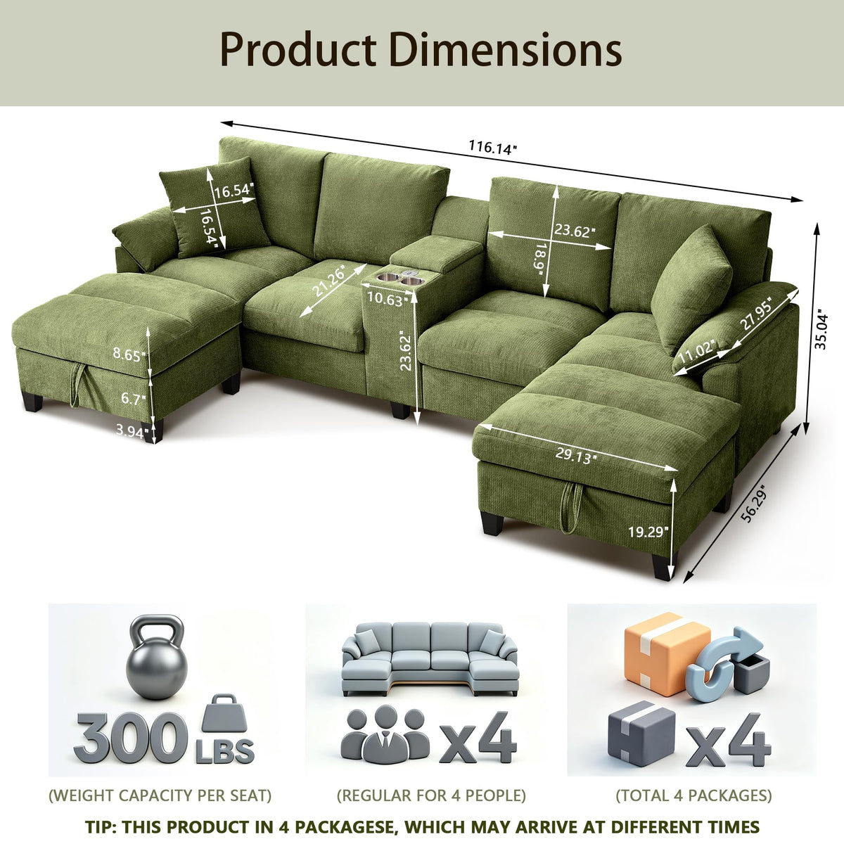 Modular Forma U Sofá de 4 Plazas, 295cm Sofá Esquinero para Sala