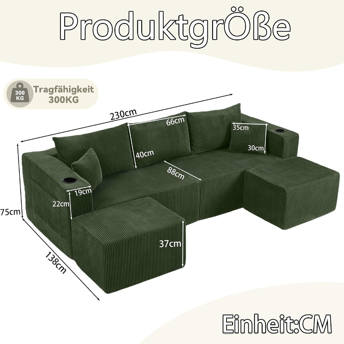 Bladez Sofá esquinero modular en forma de U de pana de 3 plazas gris con otomana