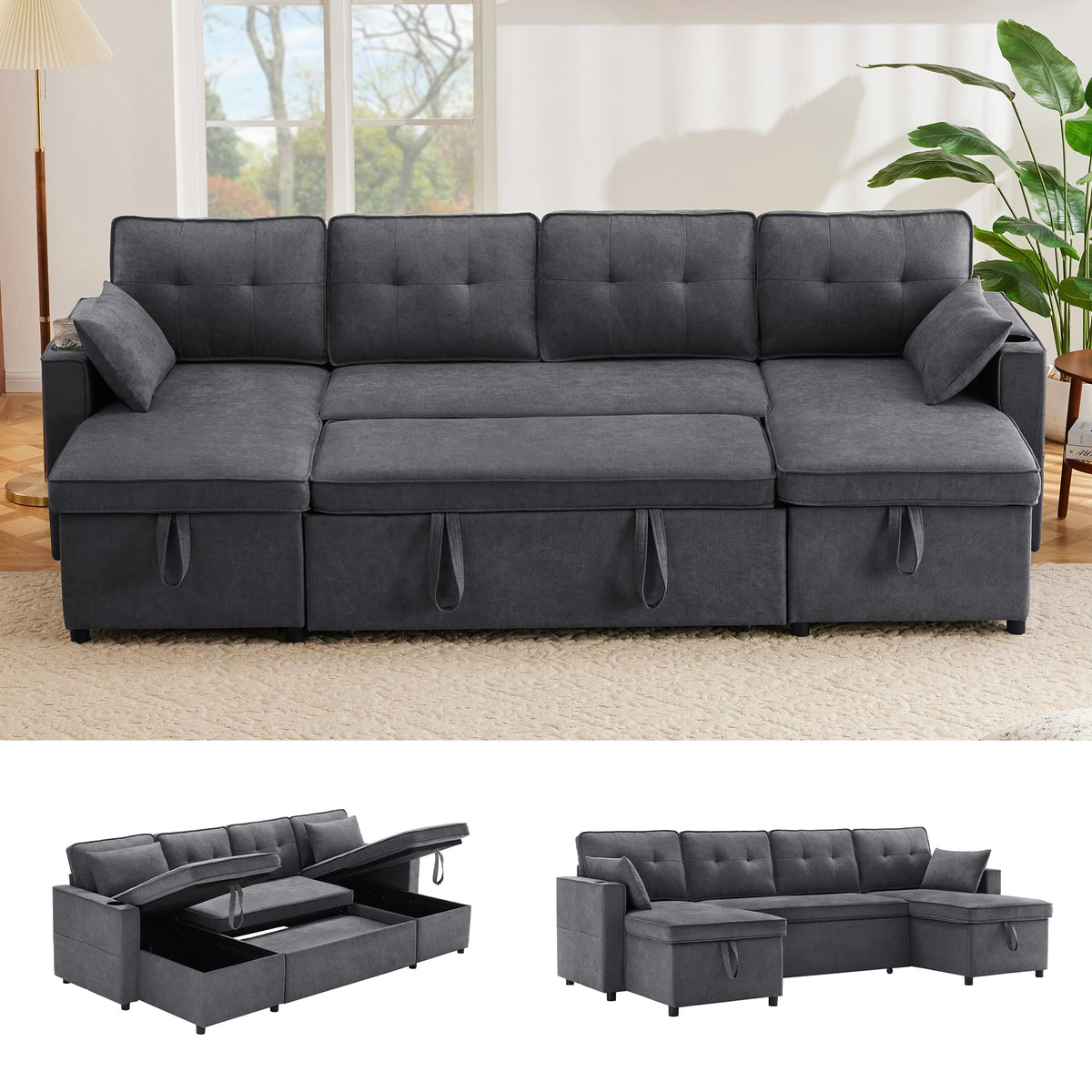 Sapgaks Sofá Seccional en U Moderno,Sofá 4 plazas,Mueble Acolchado de diseño Moderno,Tela de Chenilla (Beige)