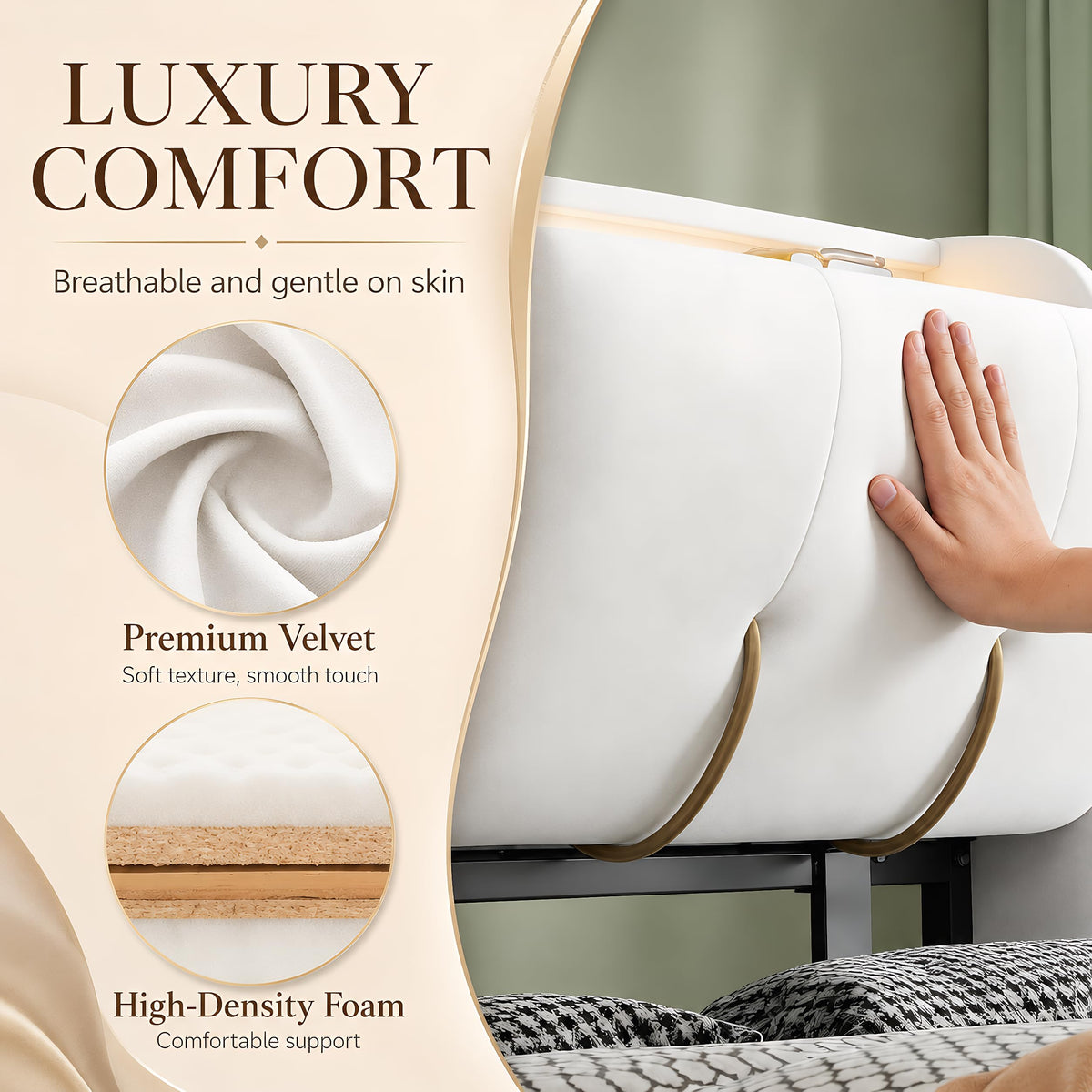 BRILVERDE Cama Tapizada 160x200 con Almacenamiento, Cama matrimonial con cajones, Cama Nido con LED, Cabecero Acolchado y Base de Láminas, Terciopelo (Beige, 160 x 200 cm)