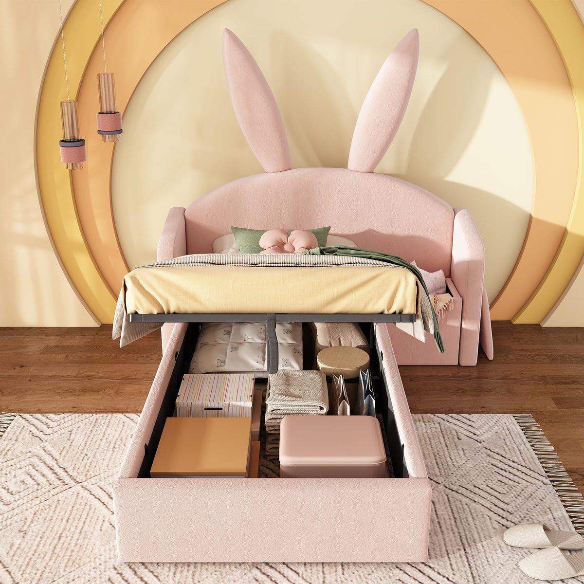 Kebnor Cama tapizada de terciopelo, orejas de conejo, cabecero con espacio de almacenamiento y mesita de noche, cama juvenil de diseño (sin colchón) (beis, 90 x 190 cm)