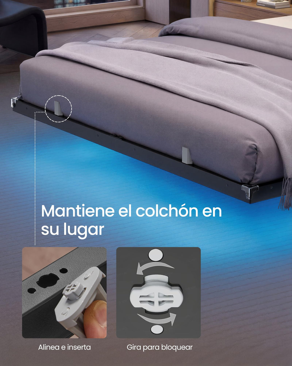 VASAGLE Marco de Cama Flotante, 140 x 200 cm, LED, 2 Tomas y 3 USB