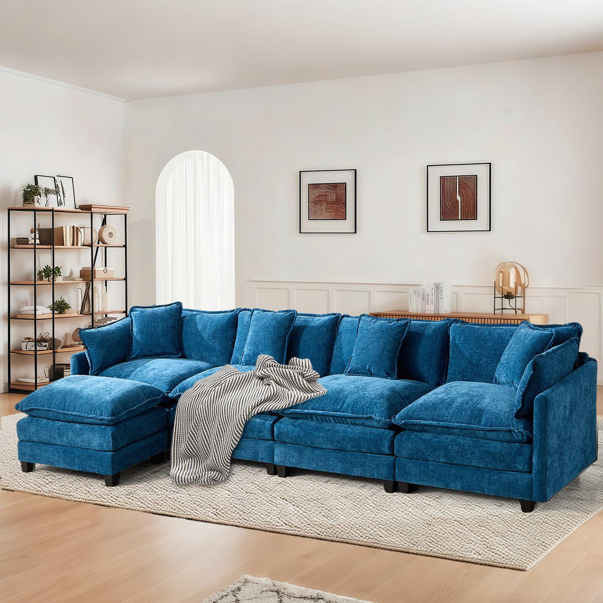 Sofá de salón modular 4 plazas 380cm, chenilla azul con cojines dobles