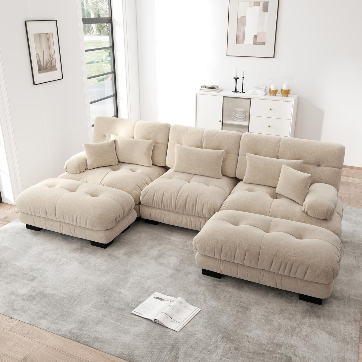 Sofá seccional Cloud en forma de L de 4 plazas con otomana móvil, ciniglia paisaje residencial con asiento profundo y reposabrazos anchos, gran sofá de sala para apartamento