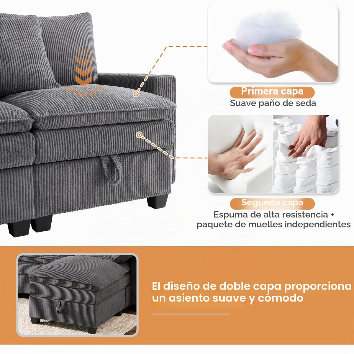 Sofá modular de 6 plazas, sofá esquinero en forma de L/U, puertos USB/tipo C, portavasos y espacio de almacenamiento, tela de chenilla, 7 cojines, salón, dormitorio y oficina, color beige