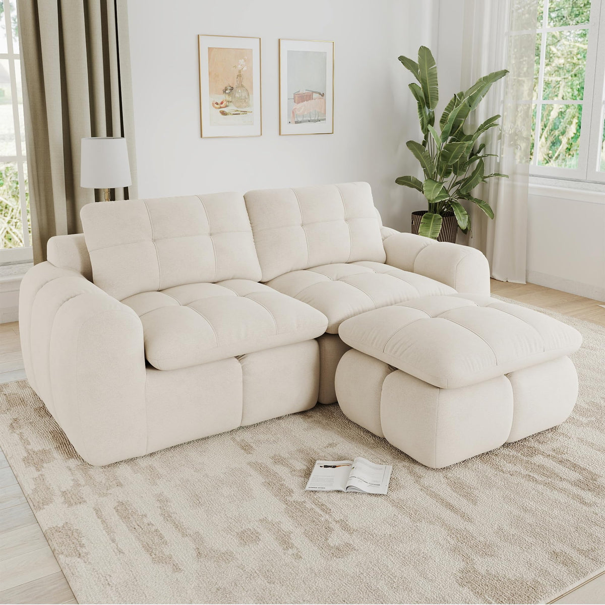 Sofá de 3 plazas con 1 taburete chenilla beige