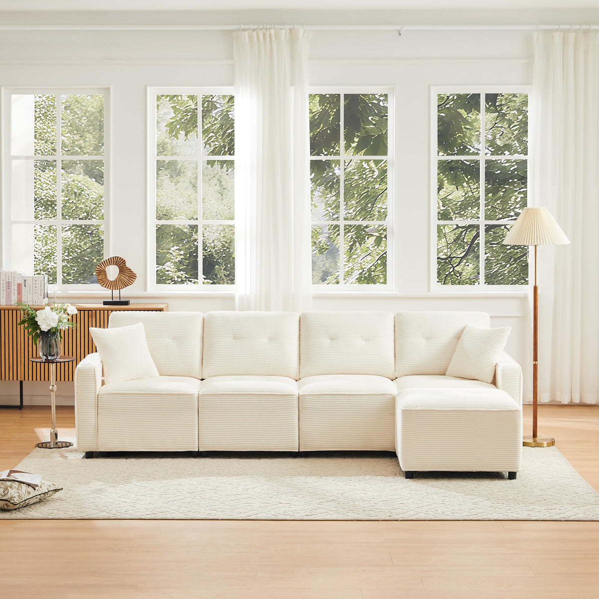 Sofá moderno de chenilla en forma de U con chaise longue, sofá esquinero de 4 plazas con espacio de almacenamiento, puerto USB y tipo C, modular, con soporte para bebidas y cojines suaves