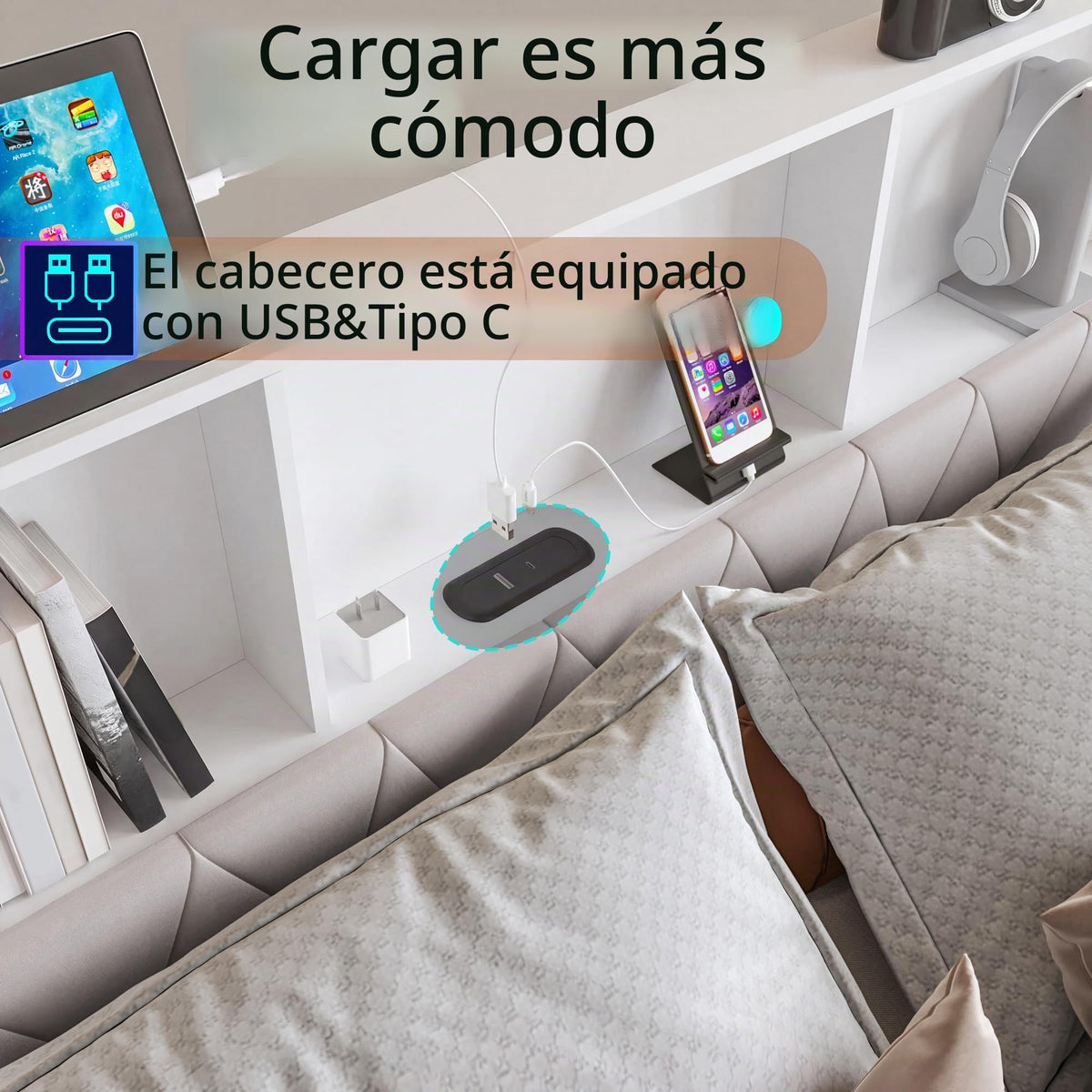 BRILVERDE Cama Tapizada 160x200 con Almacenamiento, Cama matrimonial con cajones, Cama Nido con LED, Cabecero Acolchado y Base de Láminas, Terciopelo (Beige, 160 x 200 cm)