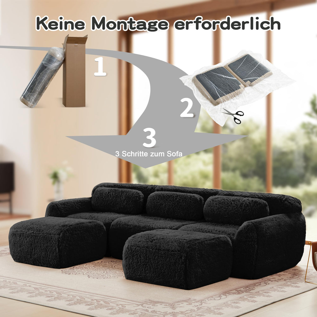 Sofá modular en forma de U, tela de felpa, sin montaje, base antideslizante, con cojín, soporte ergonómico, espuma de alta elasticidad, adecuado para sala de estar, dormitorio (caqui claro)