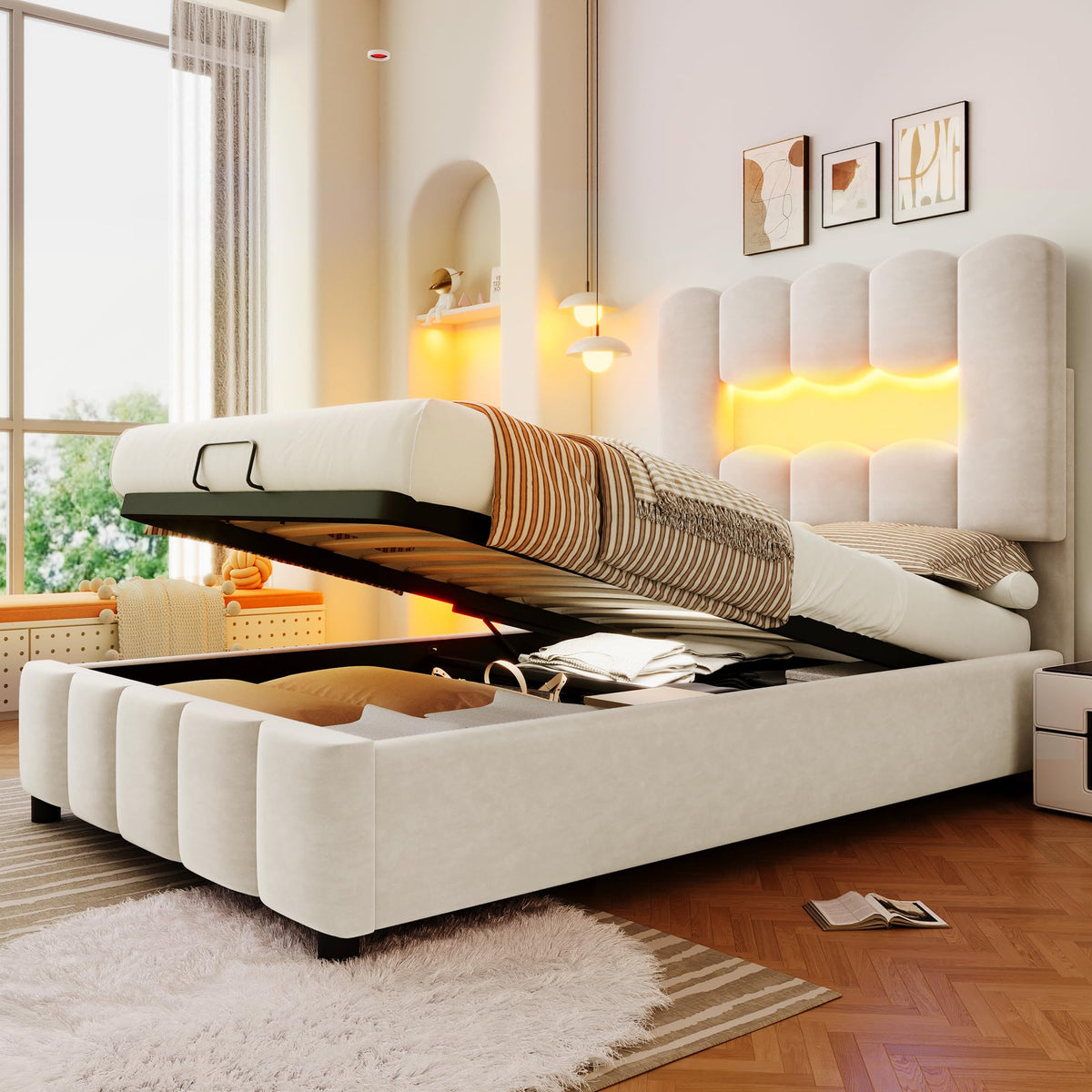 Kebnor Cama tapizada con somier, luz ambiental con mando a distancia, diseño de princesa heredera, material PU, color rosa (sin colchón) (140 x 200 cm)