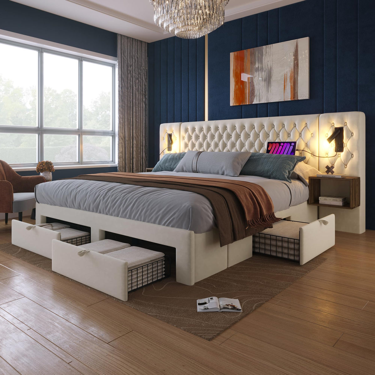 Juego completo de cama para dormitorio, cama doble tapizada de 160 x 200 cm, con 2 mesitas de noche y 4 cajones, cabecero de luz de lectura con función de carga USB, terciopelo, sin colchón