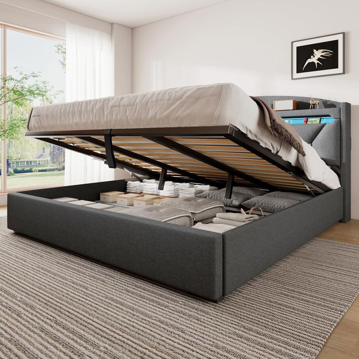 Cama 90x200 cm con Almacenamiento, Cama Individual con LED, Puertos USB y Type-C, Somier 90x200 Hidráulico, Camas Juveniles Camas Infantiles con Cabecero, Lino, Beige, Colchón No Incluido