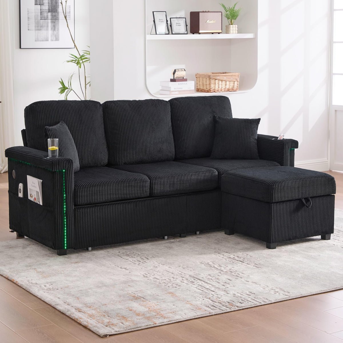 Lubvtti Sofá cama de 3 plazas moderno con función de cama, con espacio de almacenamiento, cargador USB, reposabrazos portaobjetos y 2 cojines, sofá de esquina en L, sofá de 3 plazas, chenilla (C-gris)